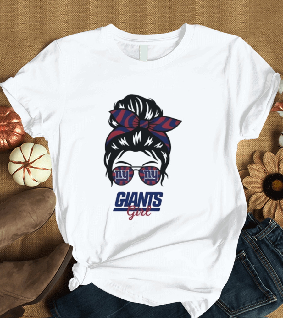 New York Giants Girl Messy Bun Glasses Bow T-Shirt