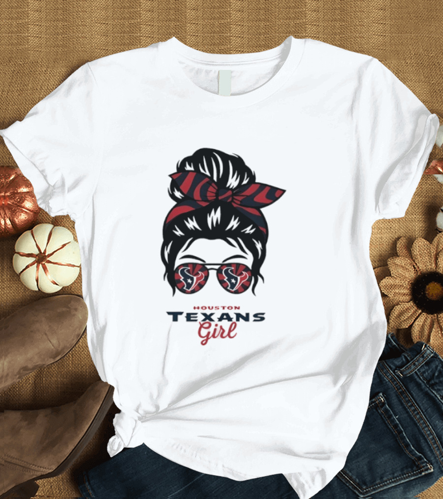 Houston Texans Girl Messy Bun Bow Sunglasses T-Shirt