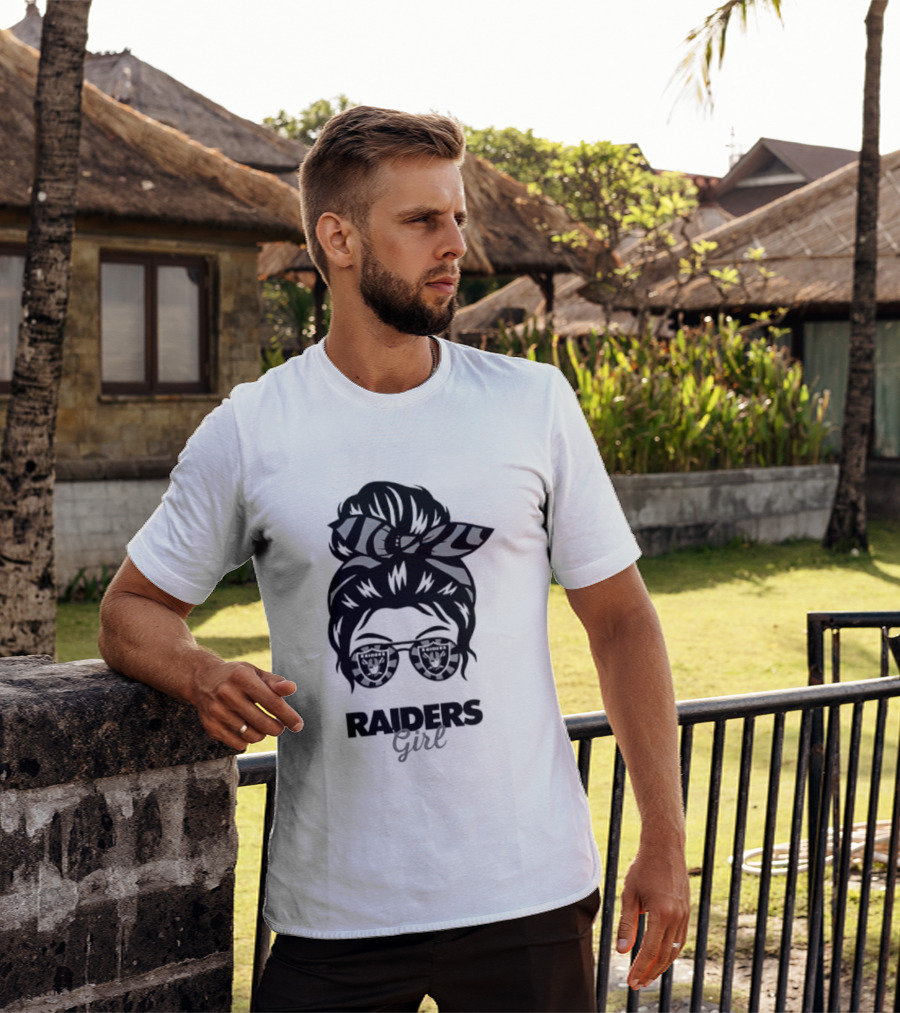 Raiders Girl Messy Bun Sunglasses Fan T-Shirt