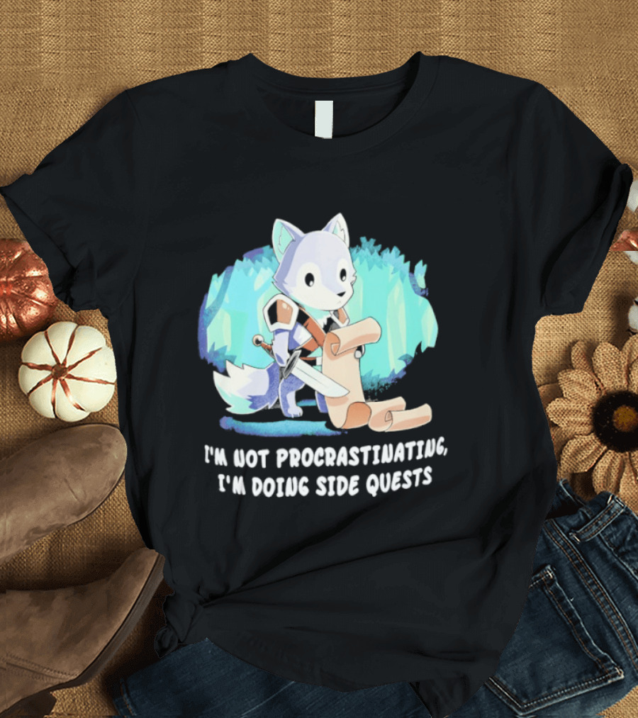 I'm Not Procrastinating I'm Doing Side Quests Cute Fantasy Wolf Cartoon T-Shirt
