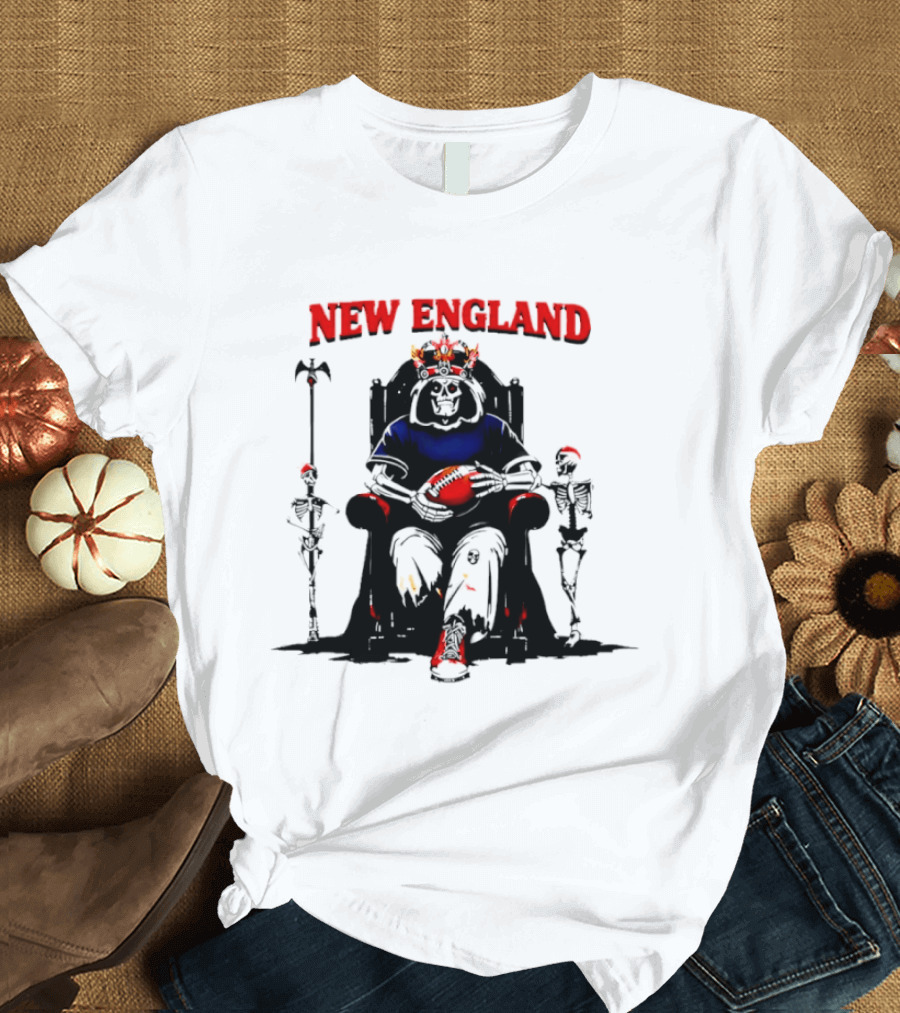 New England Skeletal Football Monarch Sitting On A Throne With Staff T-Shirt
