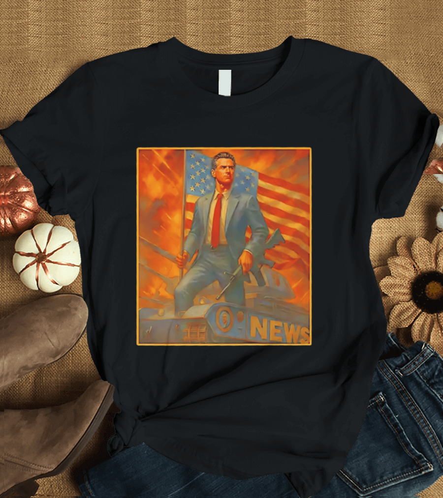 Gavin Newsome Tank Patriotic Flag Rifle News Scene T-Shirt