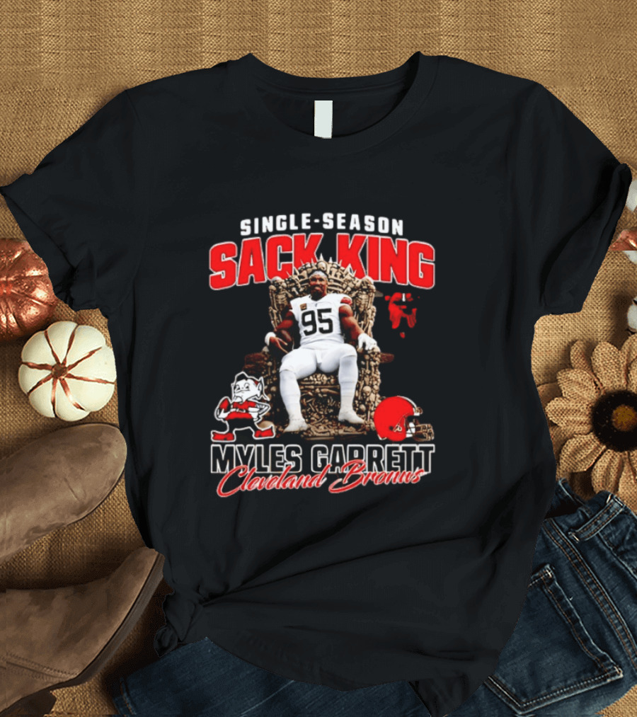 Single Season Sack King Myles Garrett Cleveland Browns 95 Throne Motif T-Shirt