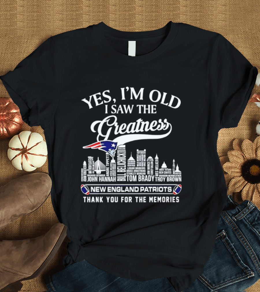 Yes I'm Old I Saw The Greatness New England Patriots Thank You For The Memories Tom Brady Troy Brown Patriot Logo Skyline T-Shirt