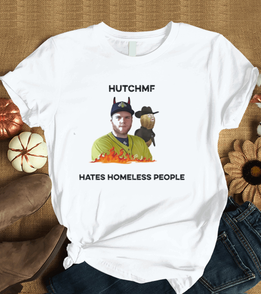 Hutchmf Hates Homeless People Devil Horns Yellow Jersey Flames T-Shirt