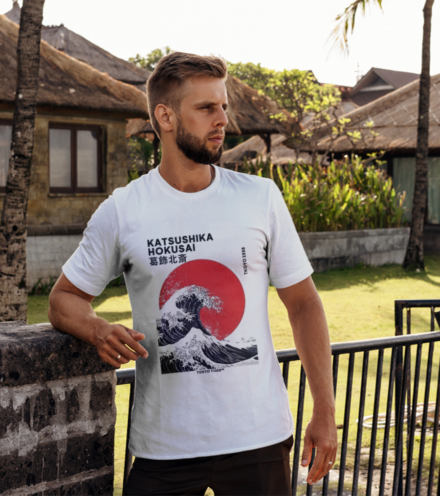 Katsushika Hokusai The Great Wave And Red Sun Japanese Ukiyo E T-Shirt