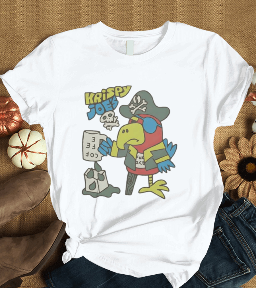 Krispy Joe's Pirate Parrot Coffee Spill Cartoon T-Shirt