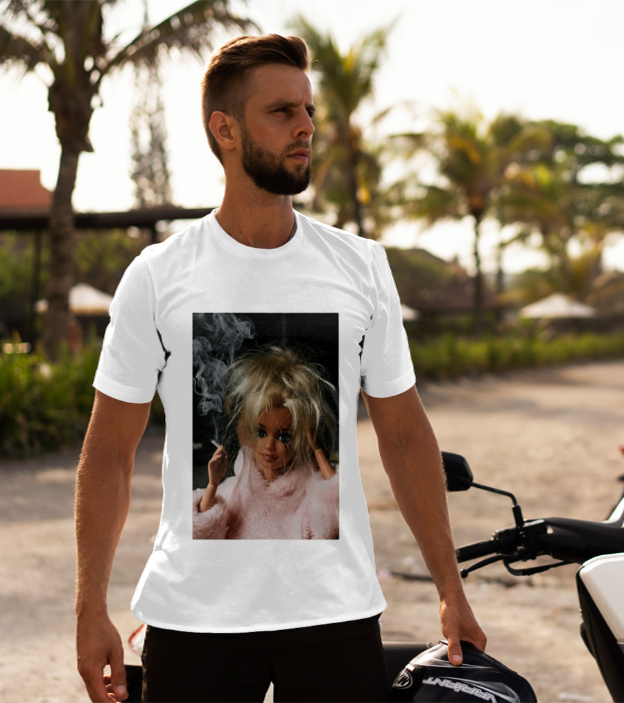 Cigarette Smoking Barbie Doll In Pink Fur Coat T-Shirt