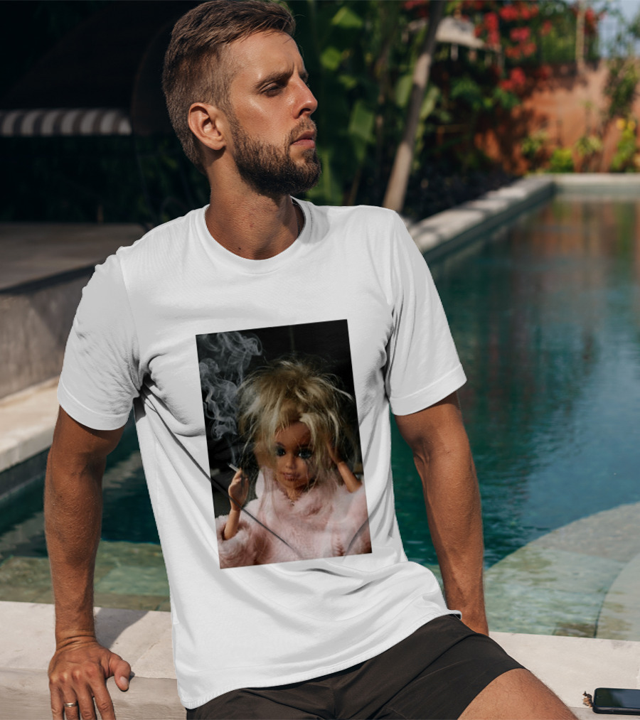 Cigarette Smoking Barbie Doll In Pink Fur Coat T-Shirt
