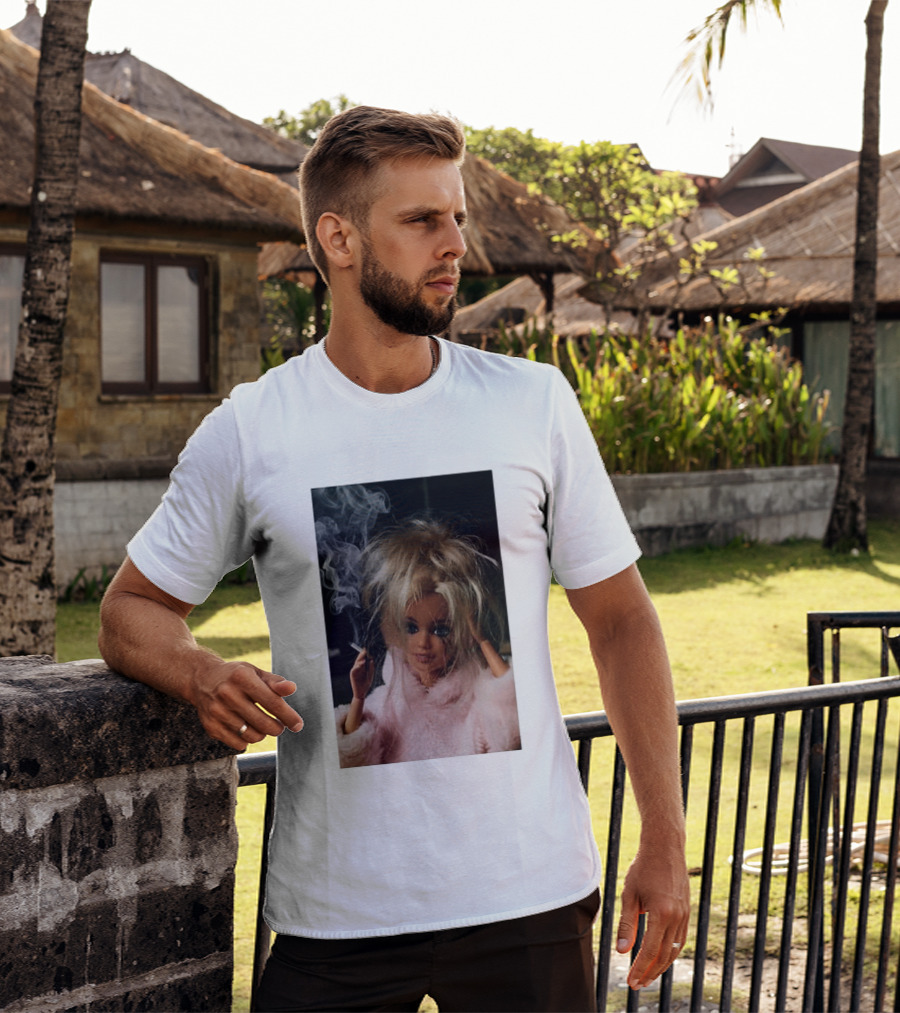 Cigarette Smoking Barbie Doll In Pink Fur Coat T-Shirt