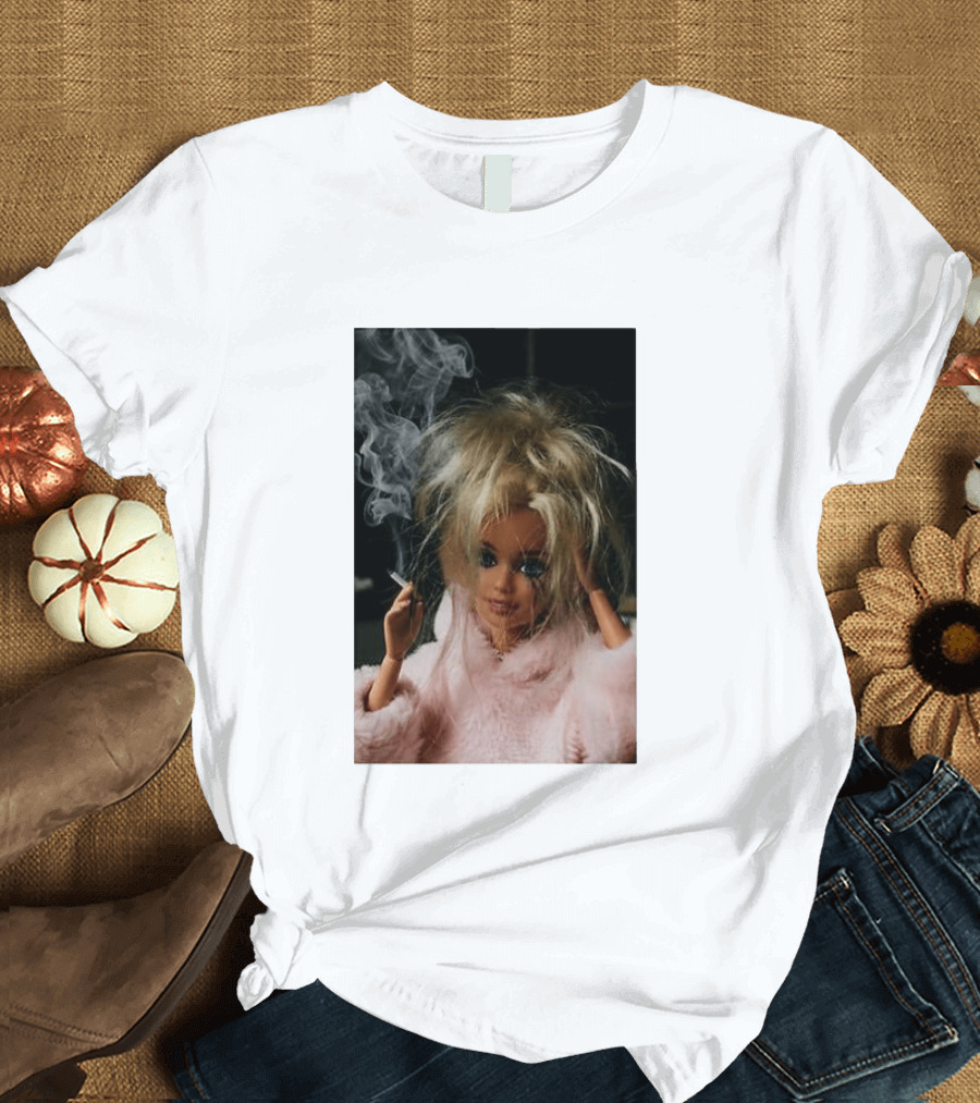 Cigarette Smoking Barbie Doll In Pink Fur Coat T-Shirt
