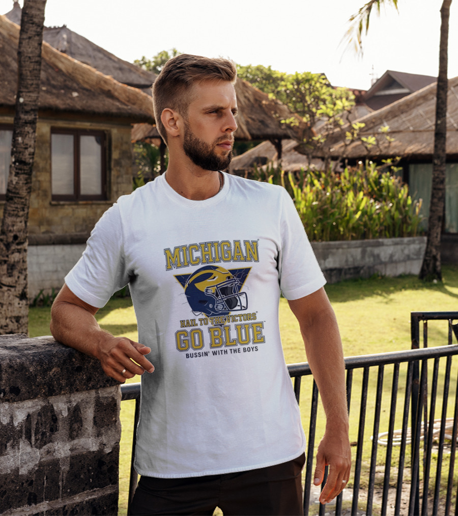 Michigan Hail To The Victors Go Blue Bussin' With The Boys Helmet T-Shirt
