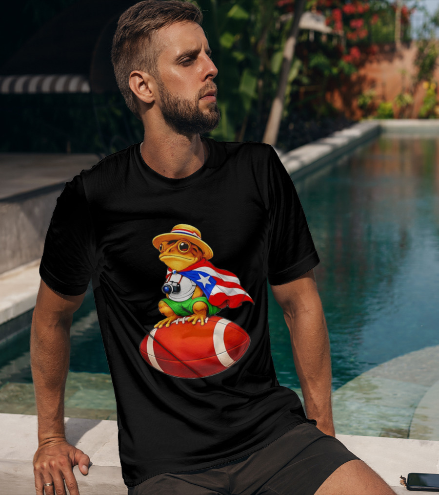 Puerto Rico Coqui Frog With Hat And Flag Sitting On Football T-Shirt