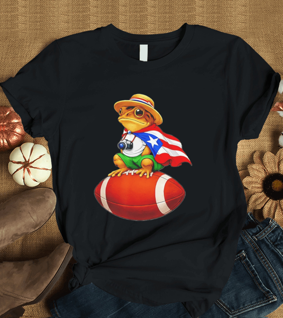 Puerto Rico Coqui Frog With Hat And Flag Sitting On Football T-Shirt