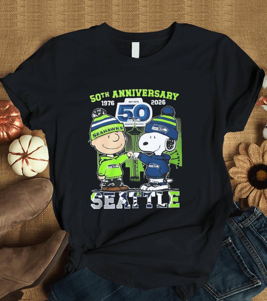 Seattle Seahawks 50th Anniversary 1976 2026 Charlie Brown Snoopy T-Shirt
