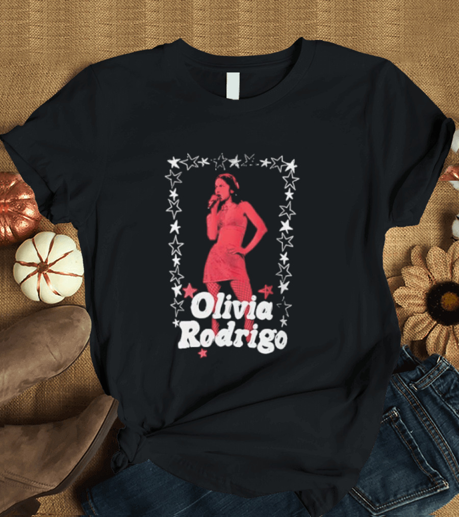 Olivia Rodrigo Star Pose Framed With Vibrant Red Highlights T-Shirt