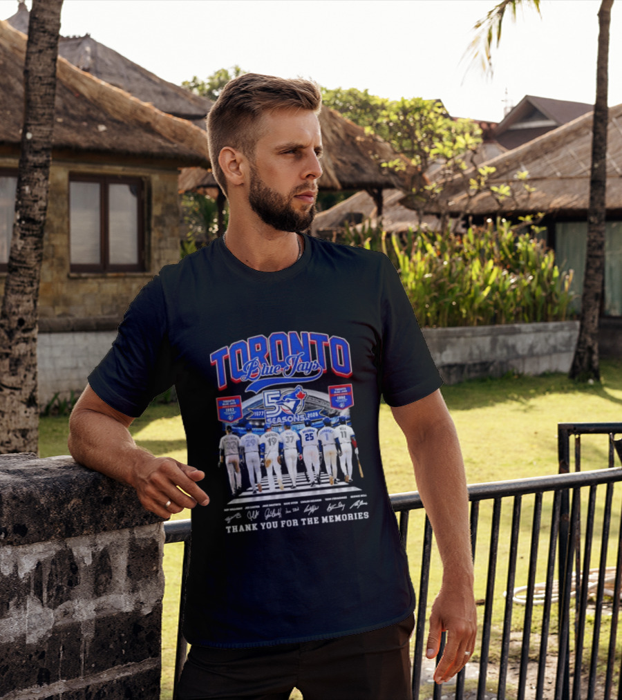Toronto Blue Jays Blue 50 Seasons 1977 To 2026 Commemorative Signatures Thank You For The Memories T-Shirt