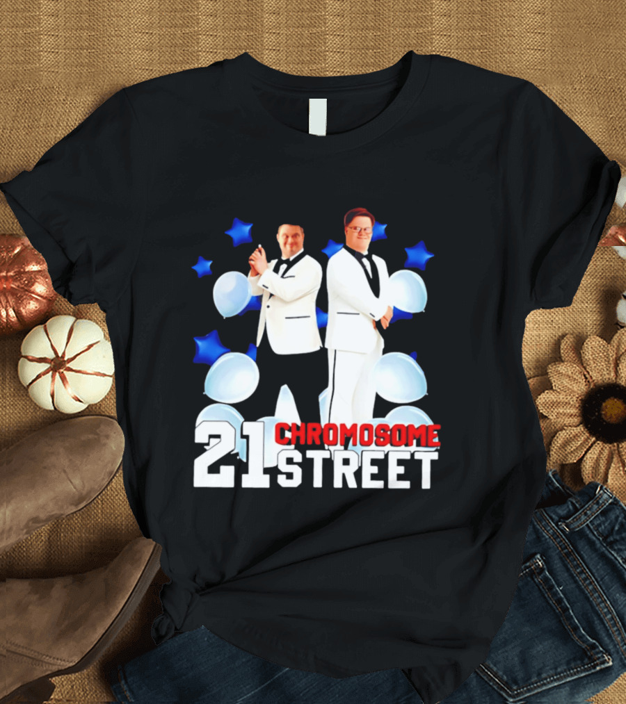 21 Chromosome Street Down Syndrome Stars Balloons White Suits T-Shirt