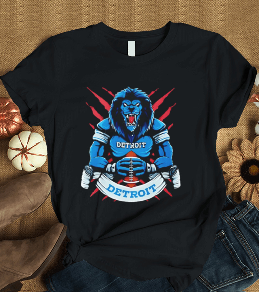 Detroit Football Blue Lion Fierce Game Day Sports Roaring Beast T-Shirt