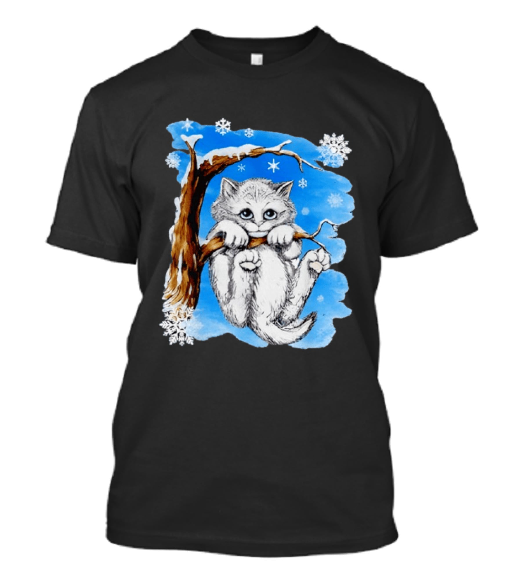 Hang In There Baby Cat In Snow With Snowflakes And Blue Sky T-Shirt