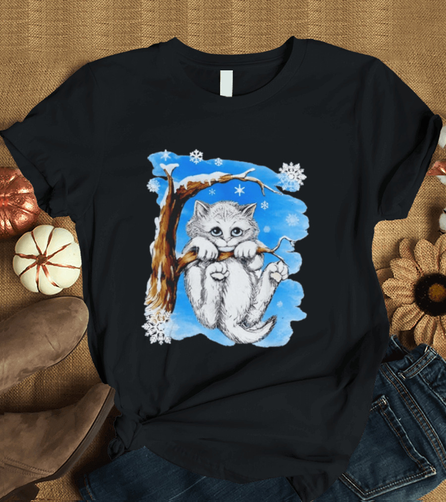 Hang In There Baby Cat In Snow With Snowflakes And Blue Sky T-Shirt