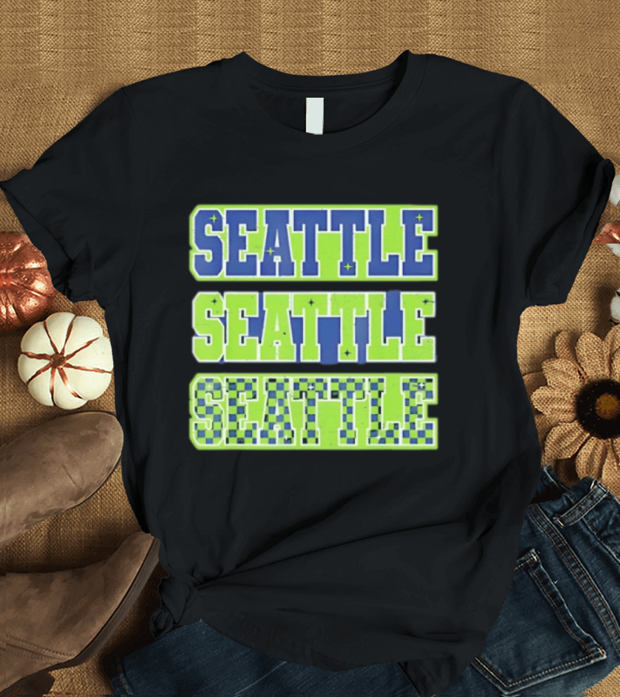 Seattle Blue Green Stars Checkerboard T-Shirt