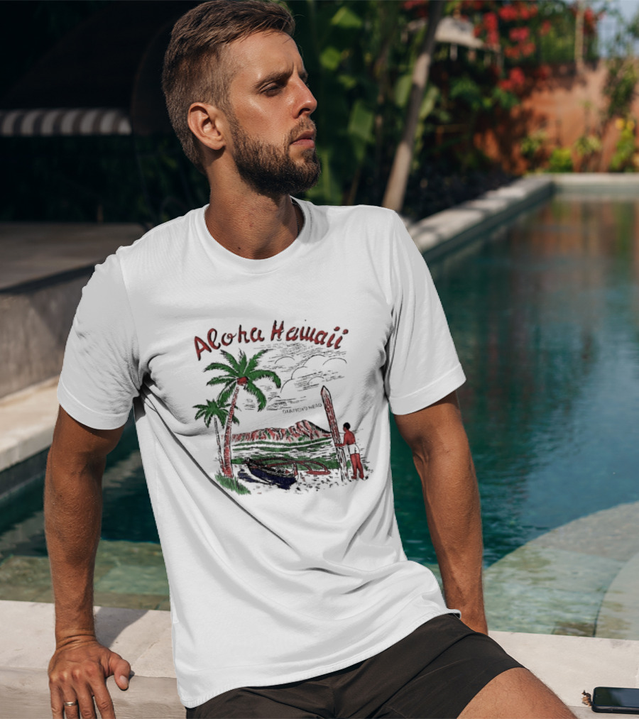 BTS Taehyung Aloha Hawaii Diamond Head 1960 Palm Trees Surfer Scene T-Shirt