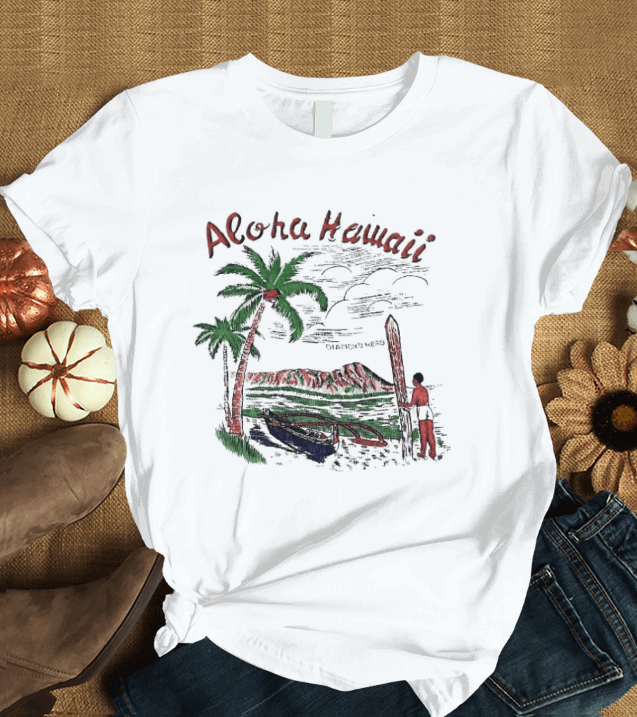 BTS Taehyung Aloha Hawaii Diamond Head 1960 Palm Trees Surfer Scene T-Shirt