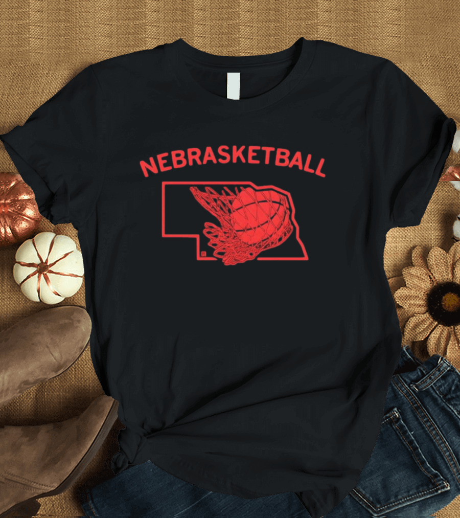 Nebrasketball Nebraska Basketball Red State Silhouette Basketball Net T-Shirt