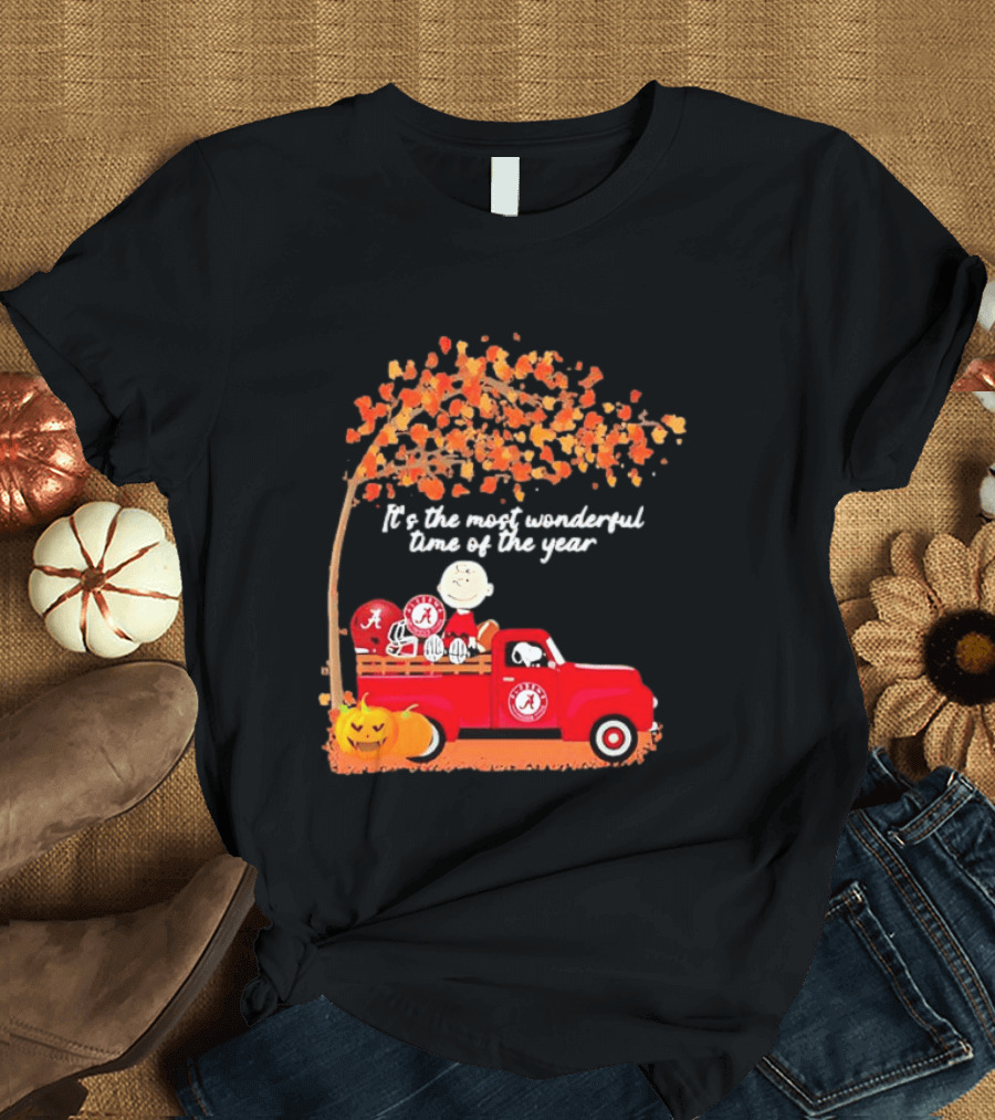 Peanuts Characters Alabama Crimson Tide Pickup Truck Fall Scene T-Shirt
