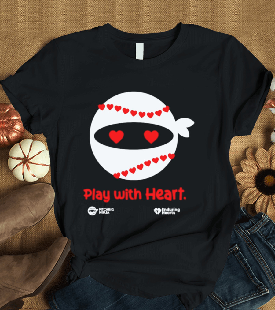 Pitching Ninja Play With Heart Red Love Hearts Baseball T-Shirt