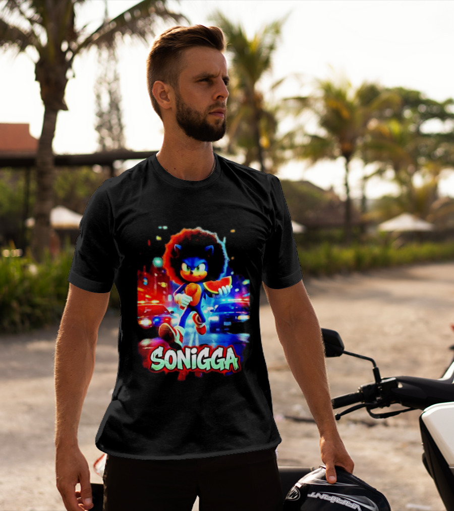 SONIGGA Sonic The Hedgehog Holding Watermelon Afro T-Shirt