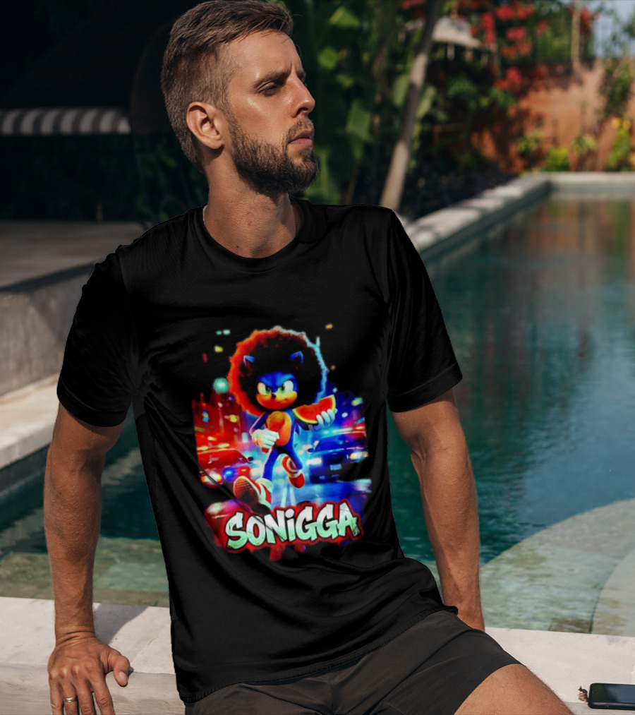 SONIGGA Sonic The Hedgehog Holding Watermelon Afro T-Shirt
