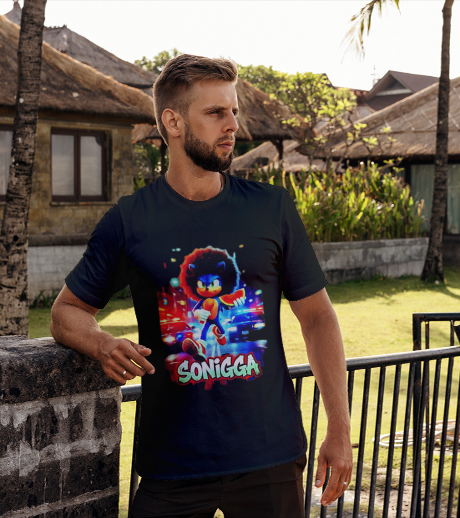 SONIGGA Sonic The Hedgehog Holding Watermelon Afro T-Shirt