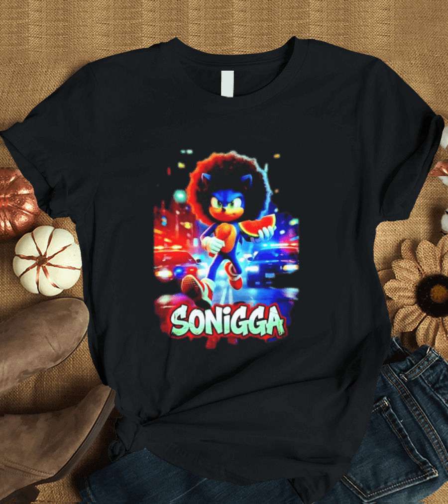 SONIGGA Sonic The Hedgehog Holding Watermelon Afro T-Shirt