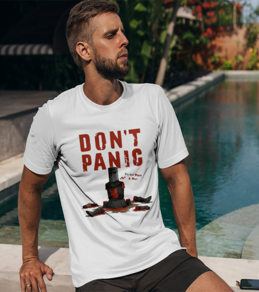 Don't Panic Monty Python Black Knight Sitting In Limbs T-Shirt