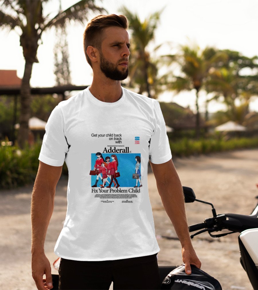 Get Your Problem Child Back On Track With Adderall Anime Girls In Red Uniforms With Briefcases And Pills T-Shirt