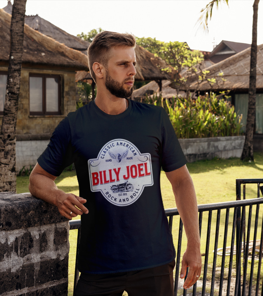 Billy Joel Classic American Hand Made Rock And Roll Est 1972 Motorcycle T-Shirt