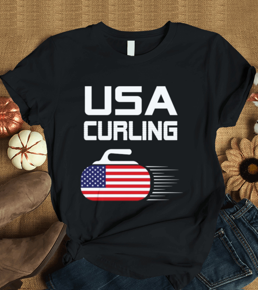 USA Curling American Flag Stone T-Shirt