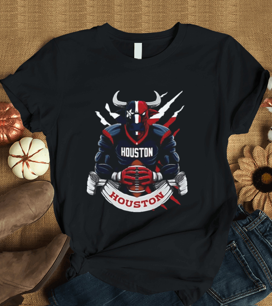 Houston Texans Football Bull Mascot Holding Ball T-Shirt