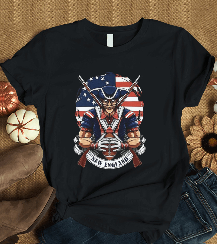New England Patriots Revolutionary Soldier American Flag Football T-Shirt