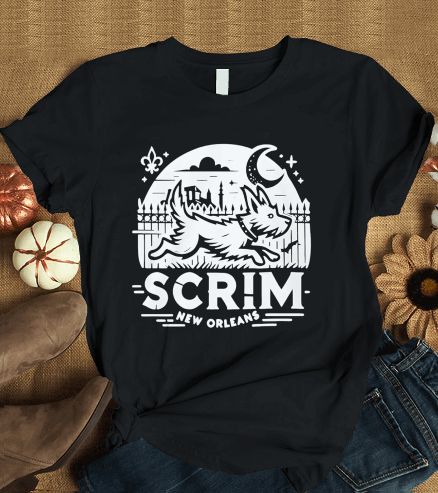 New Orleans Scrim Houdini Hound Live Free Or Bark Trying Moonlit Skyline T-Shirt