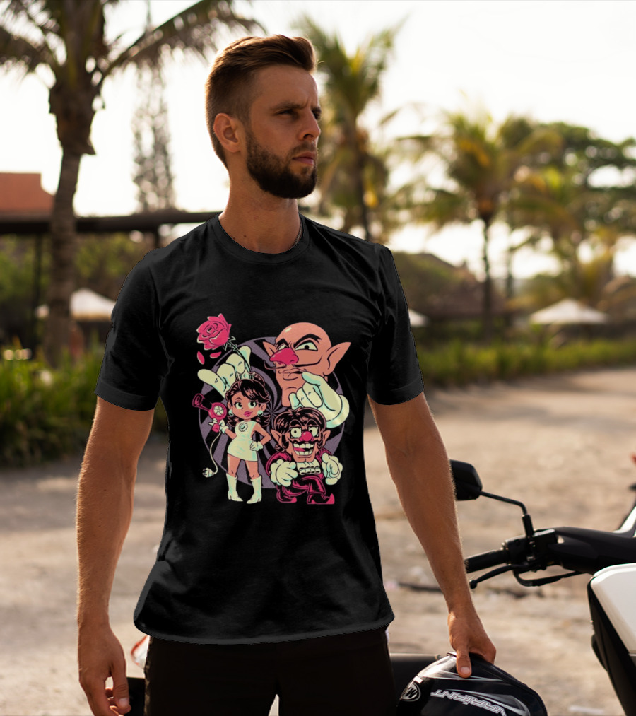 Henrique Torres Oh Be Wah Ve Vintage Cartoon Style Characters And Rose With Electric Plug T-Shirt