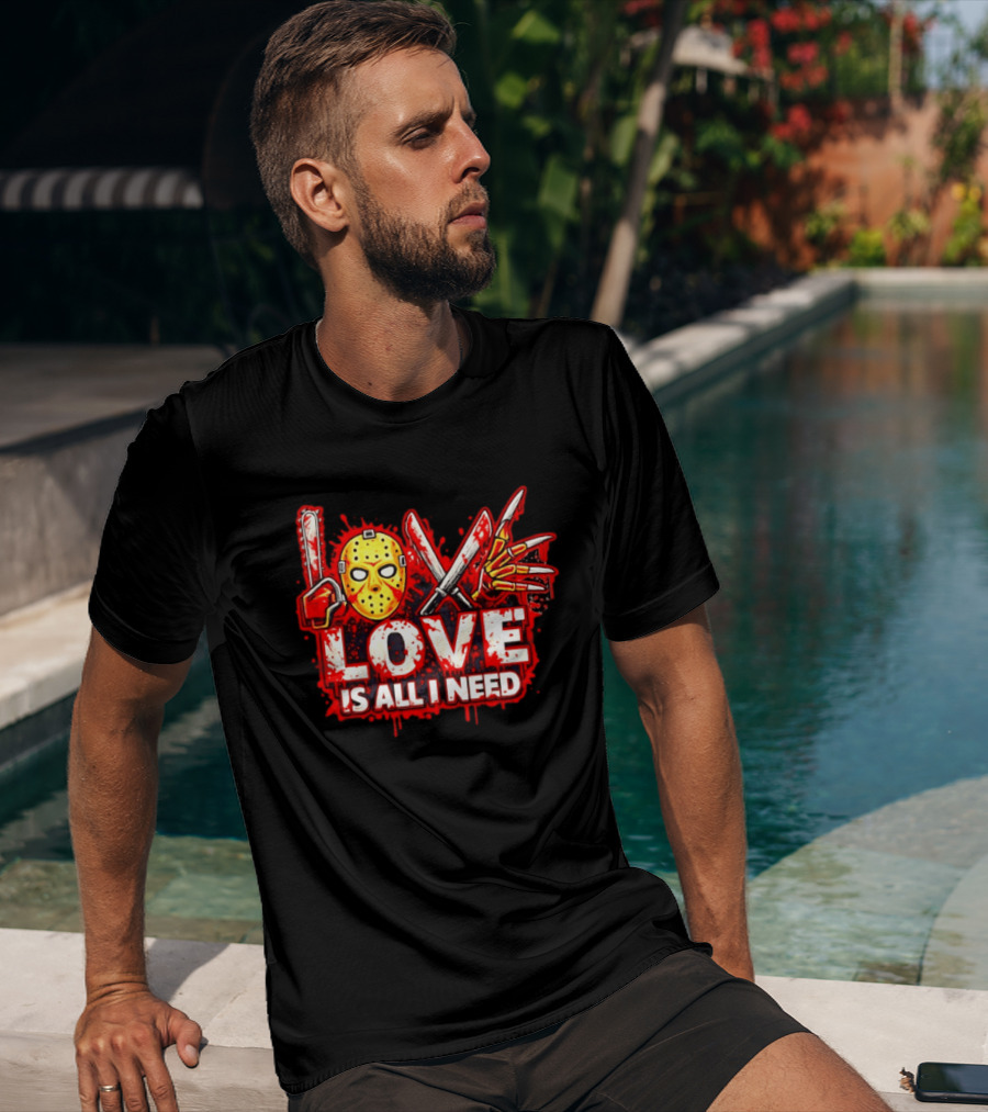 Horror Love Is All I Need Valentine Halloween Mask Knife Claw T-Shirt