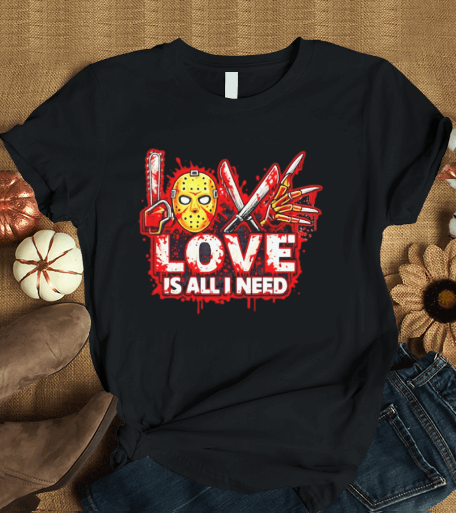 Horror Love Is All I Need Valentine Halloween Mask Knife Claw T-Shirt
