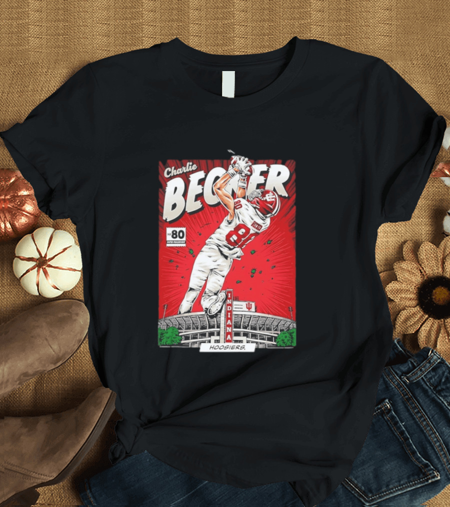 Charlie Becker Indiana Hoosiers No 80 Football Catch Comic Stadium Scene T-Shirt