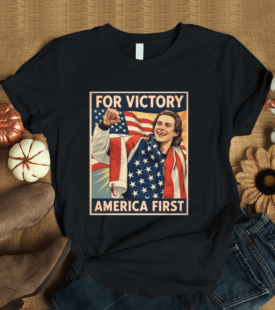 For Victory America First Patriotic Jack Hughes Victory Pose T-Shirt