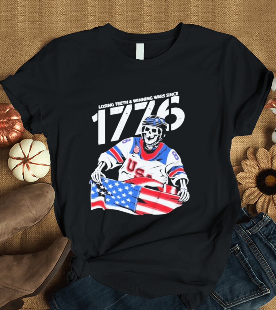 Losing Teeth Winning Wars Since 1776 USA Hockey Skeleton American Flag T-Shirt