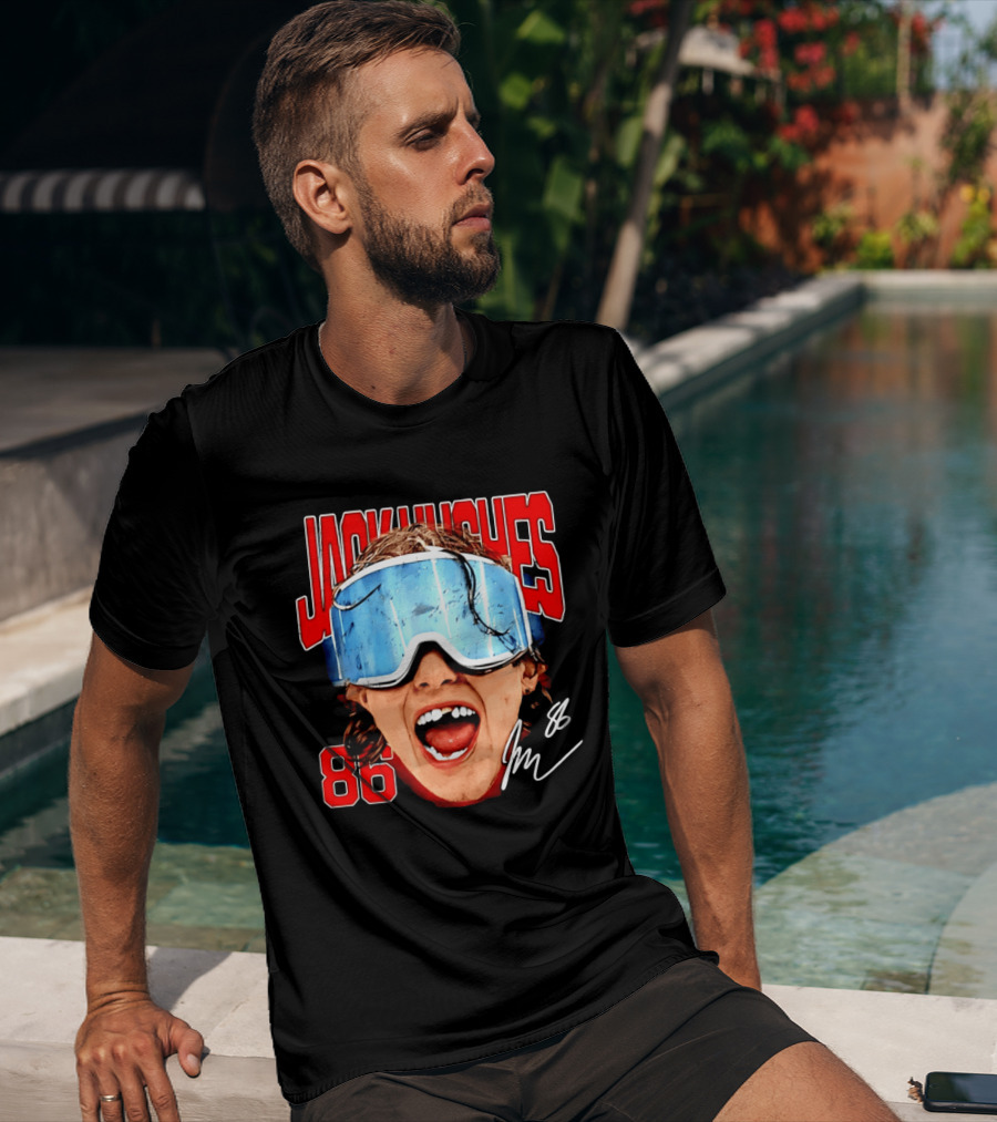 Jack Hughes New Jersey Devils 86 Goggles Signature T-Shirt
