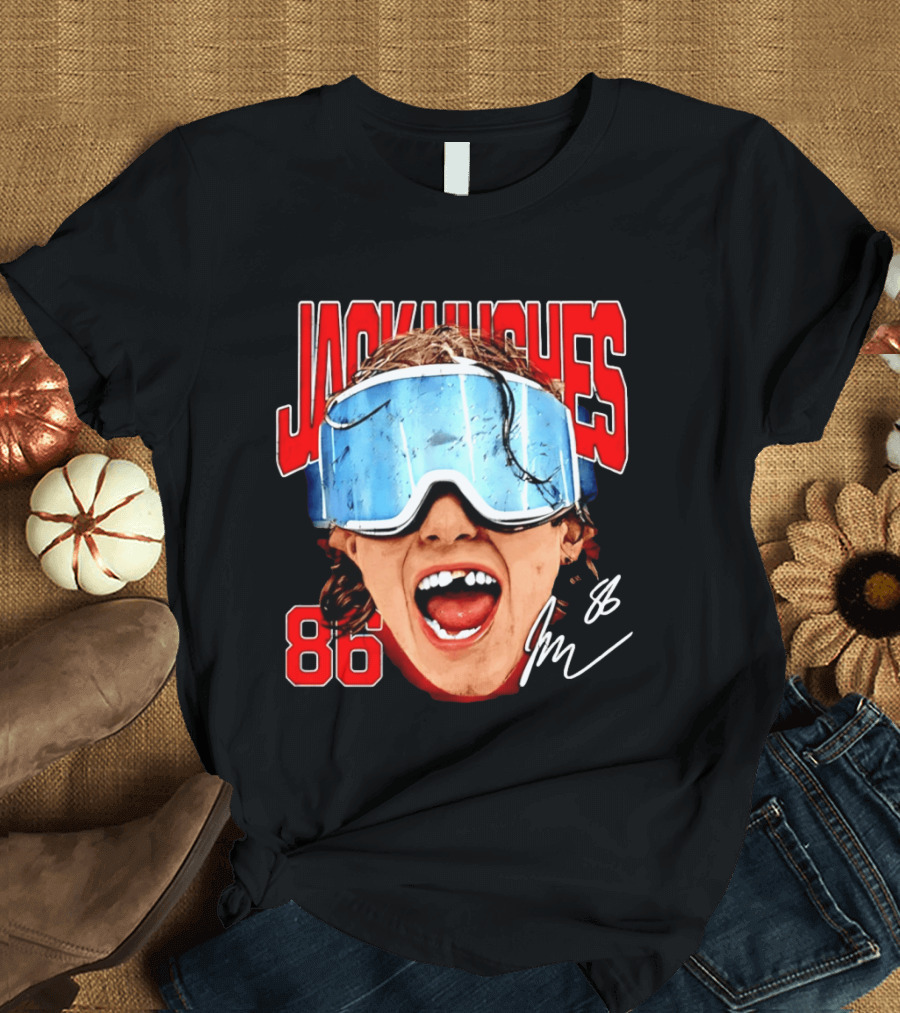 Jack Hughes New Jersey Devils 86 Goggles Signature T-Shirt